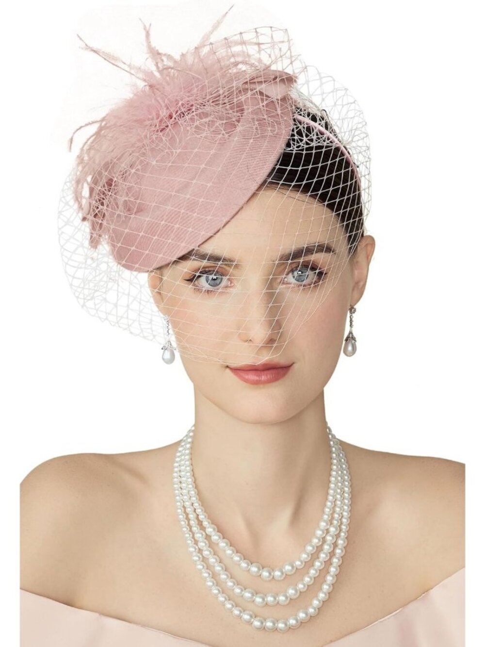 Elegant Tea Party Fascinator Hat with Mesh Veil & Feather Detail - Derby